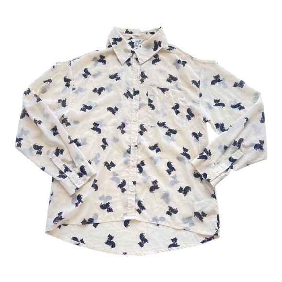 I love H81 Kitten Print blouse Women's Size S/P cream & black cat button down - Picture 3 of 10